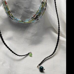 Handmade ribbon necklace with 3mm glass and metal beads - No. 198